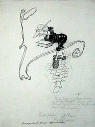 „Jorumgander the Younger elhagyta üzletét, és megkereste őket egy tolltartóval, amelyet eladásra kínált” – illusztráció a „The Zankiwank and the Bletherwitch” című művéből, S.J. Adair Fitzgerald, 1896-ban megjelent (toll és tinta papíron)