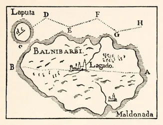 Laputa térképe (repülő sziget jobb felül) és Balnibarbii térképe (Maldonada fő kikötője), Jonathan Swift Gulliver utazásai című művének III. részéből: Utazás Laputába, Balnibarbiba, Luggnaggba, Glubbdubdribbe és Japánba