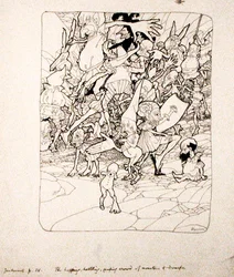 „Senki sem erősítette rá a megfelelő végtagjait” – illusztráció a „The Zankiwank and the Bletherwitch” című művéből, S.J. Adair Fitzgerald, 1896-ban megjelent (toll és tinta papíron)