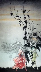 Peaseblossom, pókháló, lepke, mustármag, a tündérek, akik részt vettek a Titaniában a Szentivánéji álom című művében, Arthur Rackham