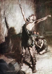 Siegfried megkovácsolja a kardját. Illusztráció Siegfriedhez és Az istenek alkonyához, Richard Wagtól