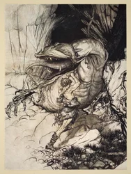 Siegfried megöli Fafnert, illusztráció a "Siegfried és az istenek alkonya" című filmből, 1924
