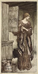 Sieglinde előkészíti Hunding csapoltját az éjszakára, illusztráció a "The Rhinegold and the Valkyrie" című filmből.
