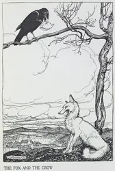 A róka és a varjú, illusztráció az „Aesopus meséiből”, kiadó: Heinemann, 1912 (metszet)