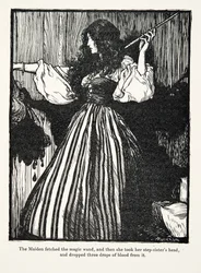 A leány elhozta a varázspálcát, majd fogta mostohatestvére fejét, és három csepp vért ejtett belőle, a Grimm testvérek meséiből, kiadva 1909-ben