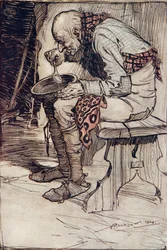 Az Öregnek egyedül kellett ülnie és egy fatálból ettenie az ételt ...a Grimm testvérek meséiből, kocsmából. 1909
