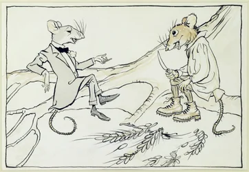 A városi egér és a vidéki egér, illusztráció az Aesops Fables-ból, 1912-ben (toll és tinta WC-vel papíron)