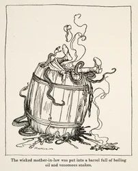 A gonosz anyóst egy forró olajjal és mérges kígyókkal teli hordóba tették, a Little Brother & Little Sister és a Grimm testvérek más meséiből, pub.1917 (litho)
