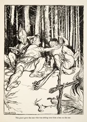 Az óriás egy dobozt adott a mellette ülőnek a fülére, a Little Brother & Little Sister és a Grimm testvérek más meséiből, pub.1917 (litho)