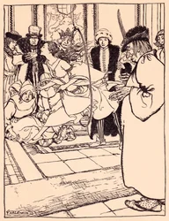 A csinos leány olyan könnyedén ugrott át a karikán, mint egy szarvas. Illusztráció: Arthur Rackham Grimm meséjéből, A három tollból.