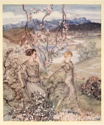 Aztán kéz a kézben jártak az almavirágtól és méztől illatozó országban, James Stephens „Irish Fairy Tales” című illusztrációja.