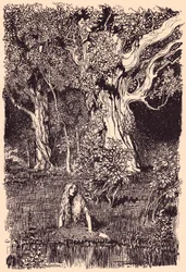 Ott ült, és sokáig ülve maradt volna, ha a legközelebbi fa ágaiban nem hallatszott a suhogás és reccsenés. Illusztráció: Arthur Rackham Grimm meséjéből: A libás lány a kútnál.