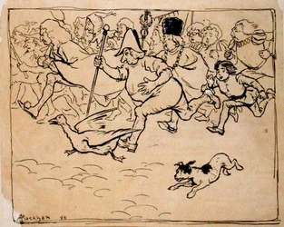 Amíg a „Battlefield” swarms like a Fair, illusztráció a „The Ingoldsby Legends, or Mirth and Marvels” című könyvéből, Thomas Ingoldsby Esquire, 1898-ban (toll és tinta papíron)