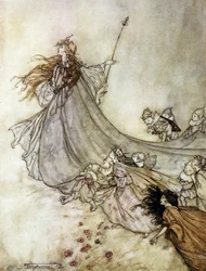 Titania, a tündérek királynője. Arthur Rackham (1867-1939) illusztrációja William Shakespeare Szentivánéji álom című művéhez