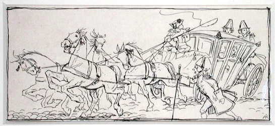 „Mitől olyan nehéz manapság az edző?” Illusztráció a „The Ingoldsby Legends, or Mirth and Marvels” című könyvéből, Thomas Ingoldsby 1898-ban megjelent (toll és tinta papíron)