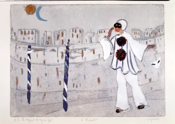 Pierrot modern értelmezése Velencével a háttérben (metszet)