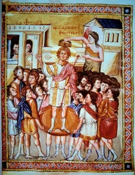 Dávid király koronázása (Kr. e. 1015 - Kr. e. 975) Izrael királya. Miniatúra a "Psaltier de Paris" 6v. fóliójában.