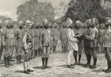 Anglia (19. század). Gyarmatosítás. India. Az új burmai ezredek. Az újoncok eskütétele. Metszet. Magángyűjtemény