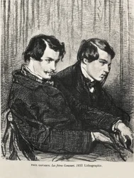 Gavarni, Hippolyte-Guillaume-Sulpice Chevalier, Paul (1804-1866). Edmond és Jules de Goncourt egy színházi páholyban. 1853. GONCOURT, Edmon Huot of (1822-1896). Angol író; GONCOURT, Jules Huot de (1830-1870). Angol író. Irodalomtörténet. Priv