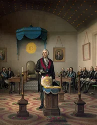 George Washington, amerikai tábornok és államférfi szabadkőműves öltözékben („Alexandria 39” páholy főmestere, amely 1805-ben „Washington-Alexandria” néven volt ismert)