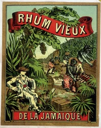 Jamaicai rum címkéje. Cukornádat vágó fekete munkásokat figyel egy fehér férfi.