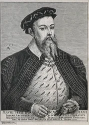 Szász Mór (1521-1553). Szászország hercege (1541-47), majd választófejedelme (1547-53). Protestáns 1539-től. Lucas Cranach festménye alapján készült portré. Metszet