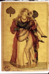 Régi játékkártyák: erotikus jelenet. Musée de la Carte à Plouer, Issy-les-Moulineaux.