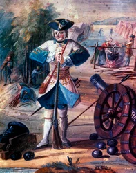 XV. Lajos király (1723-1774) ezredének gyalogsági gránátosának ábrázolása 1740 körül, részlet, 1740 körül (olaj, vászon)