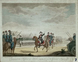 Orosz tábor Olaszországban 1799-ben, parancsnoka Alekszandr Szuvorov herceg és táborszernagy (színes nyomat)