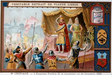 Hatodik keresztes hadjárat - II. Frigyes császár (1194-1250) (II. Frigyes, Szent Római császár) megkoronázza Jeruzsálem királyát.