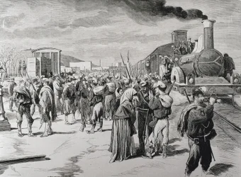 Spanyolország. Harmadik karlista háború. Egy szabadcsapat zászlóaljának indulása Barcelonából a karlisták ellen. Kép a "La Ilustracion espanola y americana" című lapból (1873. április 8.). Metszet