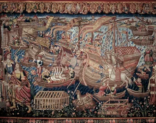 Vasco de Gama (1459-1524) portugál navigátor 1498-ban érkezett meg az indiai Calicutba, részlet, gobelin