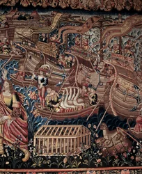 Vasco de Gama (1459-1524) portugál navigátor 1498-ban érkezett meg az indiai Calicutba, részlet, gobelin