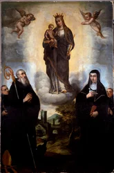 A Szűzanya a gyermekkel Nursiai Szent Benedekkel és nővérével, Sainte Scolastique (Scholastic), a Névtelen festő bencés rend alapítójával. Monte Cassino apátság, Olaszország