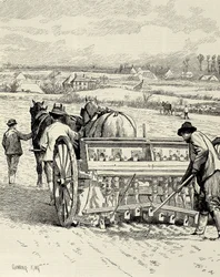EGYESÜLT KIRÁLYSÁG. ANGOLORSZÁG. Ipari forradalom. Jethro Tull által feltalált fúrógép. Árpa vetése februárban. Gunning King rajzát a "The Illustrated London News" című lap tette közzé. Metszet.