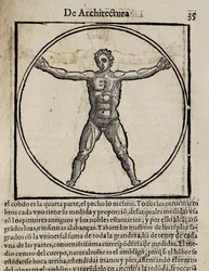 VITRUVIUS, Marcus Vitrubius Pollio (Kr. e. 1. század). "De Architectura" (Az építészetről), Miguel de Urrea spanyol fordításában. Szerkesztette Alcala de Henaresben Juan Gracian (1582). A 35. oldal illusztrációja az emberi test kánonjával. Xilográfia