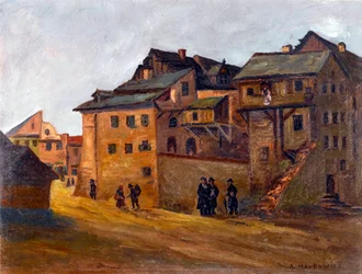 ""Krakói zsidó negyed látképe, Lengyelország"" Zsidó negyed Krakkóban Markowicz, Artur (1872-1934), - Olaj, vászon, 21x27,5 - Magángyűjtemény