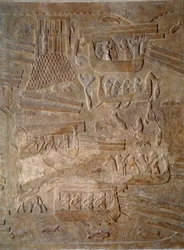 Art Mezopotámia (Asszíria): II. Sargon (Kr. e. 721-705) asszír király palotájának udvara cédrusfa szállítása Libanonból. Párizs, Musee du Louvre