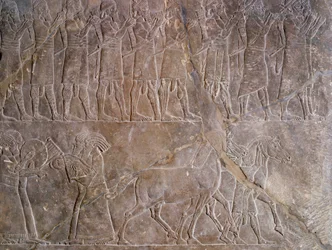 Keleti antikvitás: dombormű részlete mészkőben: Assurbanipal vagy Ashurbanipal, Asszír (Mezopotámia) király (Kr. e. 669-i. e. 627) páncéljának zenészei. Kr.e. 640. Ninivéből. Párizs, Louvre Múzeum