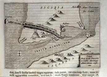 Charybde” és „Scylla” térképészeti ábrázolása Messina Detroitjában, Szicília”” Metszet a „Mundus Subterraneus”-ból”, Athanasius Kircher (1601-1680), jezsuita, orientalista és tudós 1682-ben