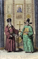 Matteo Ricci (balra) olasz jezsuita és Paul Ly, a keresztény hit nagy népszerűsítője Kínában portréja, Athanasius Kircher (1601-1680) jezsuita, német orientalista és tudós „De China monumenta” metszete.