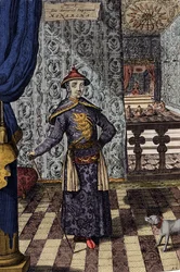 A kínai császár és a tatárok legfelsőbb uralkodója – Kangxi kínai császár (1652-1722) Qing-dinasztia, Athanasius Kircher (1601-1680) metszete a „” China Monumentis, qua sacris qua profanis””” 1667-ben – (165 K2angxi kínai császár) -1722) Qing-dinasztia,