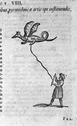 Tarantói Architas görög filozófus (i. e. 435-347), pitagorikus filozófus, matematikus, csillagász és repülni tudó fagalambja. Metszet a „Mundus Subterraneus”-ból, Athanasius Kircher (1601-1680) 1682