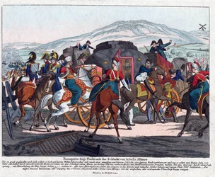 Napóleon repülése a waterlooi csata után (1815) - Campe, August Friedrich Andreas (1777-1846) - Rézkarc, akvarell - 21,5x26,3 - Magángyűjtemény