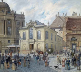 A régi Burgtheater Bécsben - August Gerasch (1822-1908). Olaj, vászon, c. 1900. Méretek: 78x87 cm. Magángyűjtemény