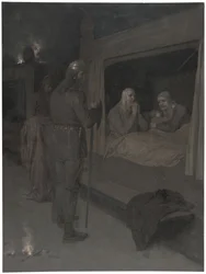 Njal, Bergthora és Thord Karisson úgy döntenek, hogy élve elégetik magukat. Illusztráció a Njál-sagához, 129. fejezet