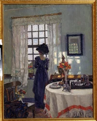 ""Jeune femme à la fenetre"" (Nő az ablakban) Elegáns nő a Belle Epoque stílusában, nagy kalappal, aki kinéz az ablakon. August von Brandis (1862-1947) festménye, XX. század eleji Regionális Művészeti Múzeum, Szimferopol