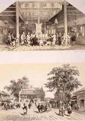 Buddha templomának belseje és egy kis tér Kanton külvárosában, 25. és 26. tábla a „Sketches of China”-ból, Eugene Ciceri (1813-90) metszetében, 1842 (színezett litho)