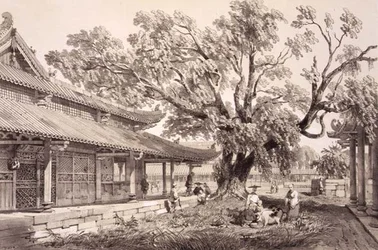 Buddha temploma Kanton Honan külvárosában, 24. tábla a „Sketches of China”-ból, Eugene Ciceri (1813-90) metszet, 1842 (színezett litó)