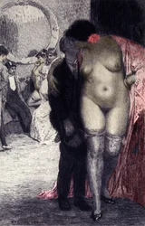 Egy francia bordélyház (bordélyház) belseje. Egy ügyfél egy prostituálttal. Auguste Leroux (1871-1954) illusztrációja.